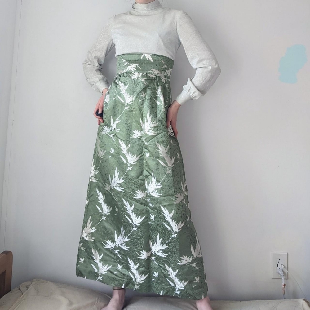 Vintage 60's 70's Maxi Mockneck Long Sleeve Taffeta & Glitter Evening Dress